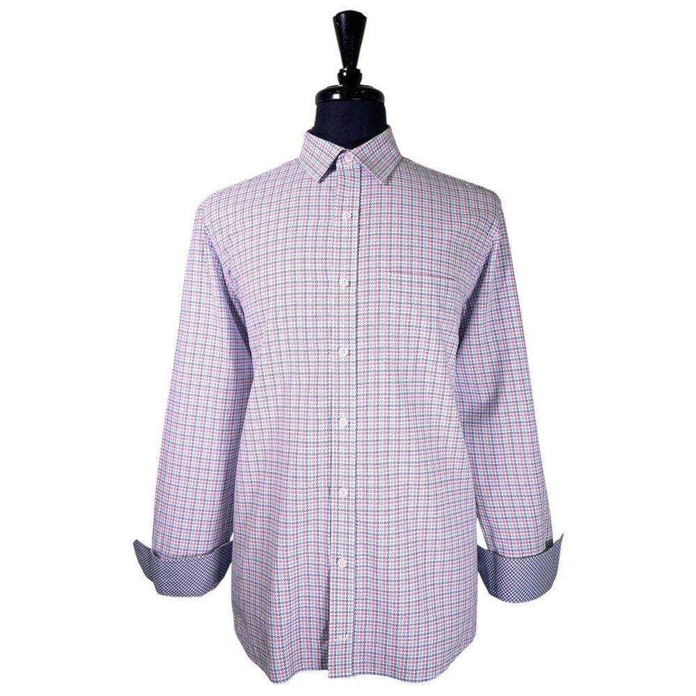 Johnston & Murphy Mens XL Shirt Blue Pink Green Check Cotton Button Up Flip Cuff